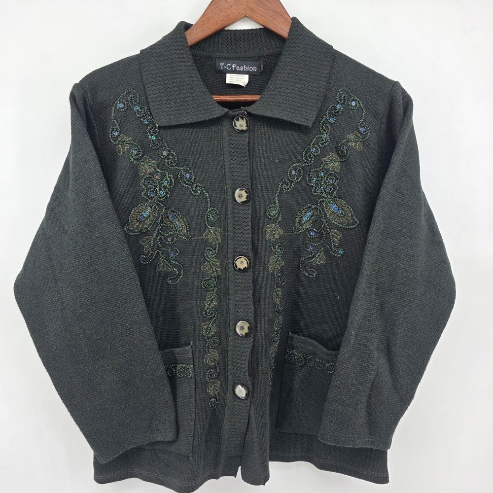 TC Fashion Medium Embellished Cardigan Sweater Dark Green Button‎ Front Pockets